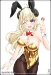  1girl absurdres ahoge animal_ear_hairband animal_ears black_pantyhose blonde_hair bow bowtie breasts detached_collar fake_animal_ears fishnet_pantyhose fishnets gold_leotard hairband highres holding hololive horns large_breasts leotard long_hair looking_at_viewer one_eye_closed open_mouth pantyhose playboy_bunny poker_chip purple_eyes rabbit_ears round_teeth sheep_ears sheep_girl sheep_horns simple_background smile solo sterben_(sterben_dead) strapless strapless_leotard teeth tsunomaki_watame upper_teeth_only virtual_youtuber white_background wrist_cuffs 