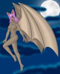  2005 4_toes 5_fingers anthro bat_wings breasts casual_nudity chiropteran claws cloud cloudy_sky fangs feet female fingers flying full_moon hair looking_at_viewer mammal membrane_(anatomy) membranous_wings moon night nipples purple_hair red_eyes solo toe_claws toes vjmorales wings 