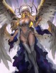  1girl angel angel_wings breasts cleavage commission glowing glowing_eyes glowing_hair highres lianeige looking_at_viewer medium_breasts midriff mole mole_under_mouth navel original red_lips revealing_clothes smile solo thighhighs white_hair wings yellow_eyes 