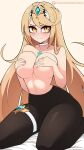  1girl absurdres artist_name black_pantyhose blonde_hair breasts chest_jewel choker closed_mouth commentary core_crystal_(xenoblade) covering_breasts covering_privates gem green_gemstone highres kneeling large_breasts looking_at_viewer mixed-language_commentary mythra_(xenoblade) navel pantyhose patreon_logo patreon_username scrimblocrimbo solo thigh_strap tiara topless_female white_choker xenoblade_chronicles_(series) xenoblade_chronicles_2 yellow_eyes 