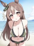  1girl absurdres animal_ears arms_behind_back ass_visible_through_thighs bare_shoulders beach bikini blue_sky blush braid breasts brown_eyes brown_hair cloud collarbone double-parted_bangs ear_ornament green_bikini hair_between_eyes half_up_braid half_updo highres horse_ears horse_girl horse_tail large_breasts long_hair looking_at_viewer multicolored_hair ocean open_mouth outdoors parted_lips satono_diamond_(umamusume) sky solo streaked_hair swimsuit tail umamusume very_long_hair water zhanderlul 