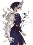  1girl artist_name black_hair breasts commentary_request fox_hinako fox_mask highres mask medium_breasts mismatched_arms neckerchief nozoki_davis pleated_skirt profile red_neckerchief school_uniform serafuku shimizu_hinako short_hair silent_hill_(series) silent_hill_f simple_background skirt torn_clothes torn_skirt white_background 