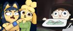 animal_crossing ankha_(animal_crossing) anthro blue_eyes bodily_fluids breasts brown_eyes canid canine canis clothing concern dinner_table domestic_cat domestic_dog felid feline felis female food fur gesture glass green_clothing green_shirt green_topwear group guak hand_gesture happy hi_res human isabelle_(animal_crossing) male mammal meme nintendo orange_clothing orange_shirt orange_topwear pointing pointing_at_another pupils sad salad shirt silly sitting small_pupils tears text topwear trio two_panel_image villager_(animal_crossing) woman_yelling_at_a_cat worried yelling yellow_body yellow_fur