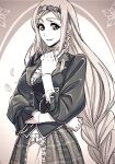  1girl braid breasts clarissa_snowflake commentary_request grey_hair hairband highres jacket kudou_masashi large_breasts long_hair low-braided_long_hair low-tied_long_hair petals sakura_taisen sepia shin_sakura_taisen side_braid skirt solo 