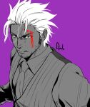  1boy ace_attorney blood blood_on_face clenched_teeth collared_shirt godot_(ace_attorney) greyscale_with_colored_background halorane male_focus necktie purple_background shirt sideburns simple_background solo spot_color sweatdrop teeth upper_body vest 