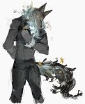  0_0ffline 1boy absurdres arm_behind_back black_jacket blue_fur cowboy_shot extra_eyes furry furry_male grey_fur grin hand_on_own_chest highres jacket male_focus neck_fur original simple_background smile solo sparkle standing tail third_eye white_background wolf_boy wolfe_(arknights) 