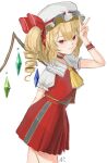  1girl ascot crystal_wings fang flandre_scarlet from_side hair_between_eyes hat highres light_smile mob_cap red_skirt red_vest ropu_1 shirt short_sleeves side_ponytail signature skirt solo touhou v vampire vest white_shirt wings wrist_cuffs yellow_ascot 