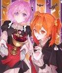  2girls absurdres alternate_costume black_dress blush commentary_request dress fate/grand_order fate_(series) fujimaru_ritsuka_(female) hae_na hair_between_eyes hair_ornament hair_scrunchie halloween halloween_costume highres holding holding_tray holy_grail_(fate) long_sleeves looking_at_viewer mash_kyrielight multiple_girls orange_eyes orange_hair pink_eyes pink_hair scrunchie short_hair side_ponytail sweatdrop tray vampire_costume yellow_scrunchie 