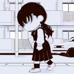  1girl bag car chainsaw_man chibi chibi_only deer60868637 dress fourth_east_high_school_uniform long_hair long_sleeves mitaka_asa monochrome motor_vehicle outdoors pinafore_dress school_bag school_uniform sleeveless sleeveless_dress solo walking 