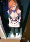  1girl birthday_cake black_leotard blush breasts cake candle chainsaw_man cleavage demon_girl demon_horns door food fruit grey_pantyhose hair_between_eyes highres horns large_breasts leotard long_hair orange_eyes orange_hair pantyhose power_(chainsaw_man) red_horns solo spykeee strapless strapless_leotard strawberry 