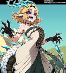  1girl bare_shoulders blonde_hair blue_sclera blush braid breasts choker claws colored_sclera crown_braid dragon_girl dragon_horns dragon_tail dress fangs green_eyes highres horns hyrule_warriors:_age_of_imprisonment jewelry looking_at_viewer medium_breasts off-shoulder_dress off_shoulder open_mouth princess_zelda purple_sclera scales scrimblocrimbo secret_stone sharp_teeth short_hair sidelocks solo strapless strapless_dress tail teeth the_legend_of_zelda the_legend_of_zelda:_tears_of_the_kingdom white_dress 