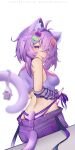  1girl :p animal_ear_fluff animal_ears antenna_hair ass blurry blurry_foreground breasts cat_ears cat_girl cat_tail crop_top from_behind hair_ornament highres hololive long_hair looking_at_viewer medium_breasts nekomata_okayu panties purple_eyes purple_hair purple_tail side-tie_panties solo striped_clothes striped_panties tail tail_through_clothes tongue tongue_out underwear virtual_youtuber white_background winterkindlita 
