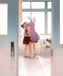  2girls alternate_costume animal_ears black_hairband blush chair classroom commentary_request contemporary desk full_body grey_hair hairband highres holding_hands indoors interlocked_fingers kiss konpaku_youmu koyama_shigeru long_hair multiple_girls purple_hair rabbit_ears rabbit_girl red_skirt red_vest reisen_udongein_inaba school_chair school_desk school_uniform shirt shoes skirt socks straight_hair touhou translation_request uwabaki very_long_hair vest white_shirt white_socks yuri 