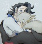  2boys ? arms_around_neck black_gloves black_hair blue_eyes closed_eyes coat commentary_request fingerless_gloves fur-trimmed_hood fur_trim gloves gohan_(horth-waribasi) grey_background hair_slicked_back hand_on_another&#039;s_head highres hood hood_down hooded_jacket hug jacket l_(pokemon) long_sleeves looking_at_another male_focus multiple_boys pokemon pokemon_legends:_z-a ponytail professor_sycamore sideburns speech_bubble spoken_question_mark translation_request upper_body watermark white_coat white_fur white_hair yaoi 