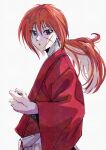  1boy :o absurdres blue_eyes cross_scar hatahata_(okkrslk) highres himura_kenshin holding holding_sword holding_weapon japanese_clothes katana kimono long_hair long_sleeves looking_to_the_side low_ponytail male_focus ponytail red_hair red_kimono rurouni_kenshin scar scar_on_cheek scar_on_face sheath sheathed simple_background solo sword weapon white_background 