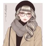  1girl artist_name brown_background brown_coat brown_hair brown_scarf coat earrings eyelashes jewelry lipstick looking_at_viewer makeup naho_graphics original scarf signature solo upper_body web_address 