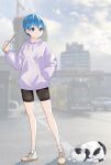  1girl absurdres black_shorts blue_eyes blue_hair blue_sky blurry blurry_background blush building cat city closed_eyes closed_mouth cloud comitomic commentary_request cup day disposable_cup drink drinking_straw eyelashes full_body grey_hoodie hand_in_pocket highres holding holding_cup holding_drink hood hood_down hoodie long_sleeves original outdoors shoes short_hair shorts sky sleeping_animal socks solo standing very_short_hair white_shoes white_socks 