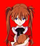  1girl aged_down black_ribbon blue_eyes closed_mouth female_child holding kvzt7785 looking_at_viewer medium_hair neon_genesis_evangelion orange_hair red_background ribbon simple_background solo souryuu_asuka_langley stuffed_animal stuffed_monkey stuffed_toy 