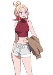  1girl blonde_hair blue_eyes breasts brown_jacket go_mi_111 gradient_hair hair_bun highres holding holding_jacket holding_unworn_clothes jacket midriff multicolored_hair navel pokemon pokemon_legends:_z-a red_shirt shirt shorts sleeveless smile solo taunie_(pokemon) turtleneck turtleneck_shirt unworn_jacket white_shorts 