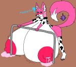  &lt;3 animal_print anthro big_breasts blush bodily_fluids breast_expansion breasts canid canine cow_print expansion female fennec flavored_milk fox fur huge_breasts hyper hyper_breasts lactating mammal milk onomatopoeia pink_body pink_fur solo sound_effects text tina_telo truly_fates(artist) 