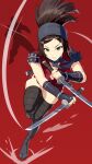  1girl ayame_(tenchuu) black_thighhighs breasts brown_eyes brown_hair fighting_stance hairband headband highres holding holding_sword holding_weapon japanese_clothes kimono kodachi large_breasts legs_together long_hair looking_at_viewer ninja ponytail red_background red_kimono running serious short_sword sidelocks slashing sleeveless standing standing_on_one_leg sword tabi tenchuu thighhighs thighs v-shaped_eyebrows weapon yagi2013 