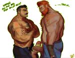  2boys bara beard belly blush brown_hair closed_eyes crossed_arms deadlock_(game) english_commentary english_text erection facial_hair facing_another frottage highres kelvin_(deadlock) lash_(deadlock) looking_at_viewer male_focus multiple_boys mustache navel open_fly orange_hair pectorals penis plump ruslorc testicles topless_male white_background yaoi 