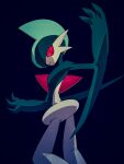  1other arm_blade arm_up blue_background colored_sclera colored_skin cowboy_shot facing_to_the_side gallade green_hair high_contrast highres looking_to_the_side mohawk multicolored_skin muted_color open_hands outstretched_arms pokemon pokemon_(creature) pokemon_focus red_eyes red_sclera solo two-tone_skin umi-be-to weapon wide_hips 