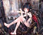  1girl a1u absurdres barefoot black_hair black_horns commentary_request demon_girl demon_horns demon_wings earrings feet halo highres horns jewelry looking_at_viewer md5_mismatch no_shoes open_mouth original pointy_ears red_eyes red_hair red_halo red_wings revision silk soles solo spider_web stirrup_legwear toeless_legwear toes wings 
