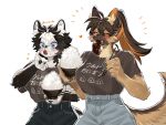  2girls aya_(arioriak) black_fur black_hair blue_eyes body_fur borrowed_character bowl brown_fur brown_hair brown_shirt chopsticks claws colored_inner_hair commentary_request cowboy_shot dog_girl food food_on_face furry furry_female german_shepherd highres holding holding_bowl holding_chopsticks husky licking_lips long_hair meat mouth_hold multicolored_hair multiple_girls oji_(norahasu) orange_hair original ponytail rice shirt short_hair simple_background tail tongue tongue_out white_background white_fur white_hair 