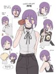  1boy 1girl absurdres arrow_(symbol) backpack bag black_choker black_ribbon black_shorts chainsaw_man choker closed_mouth collared_shirt denji_(chainsaw_man) flower green_eyes grenade_pin hair_between_eyes hair_bun highres holding holding_flower multiple_views neck_ribbon non_4 open_mouth purple_hair red_flower reze_(chainsaw_man) ribbon shirt shirt_tucked_in shorts sleeveless sleeveless_shirt smile tongue tongue_out translation_request white_background white_shirt 