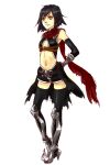  1girl armor armored_boots assassin_cross_(ragnarok_online) black_gloves black_hair black_shirt black_shorts black_thighhighs boots breasts closed_mouth commentary_request elbow_gloves full_body gloves highres looking_afar pauldrons ragnarok_online red_scarf scarf shirt short_hair shorts shoulder_armor simple_background sleeveless sleeveless_shirt small_breasts smile solo thighhighs toriria underboob white_background yellow_eyes 