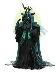 2017 anthro arthropod black_body black_clothing black_skin breasts changeling cleavage cloak clothed clothing corset crown dress equid equine eyeshadow female friendship_is_magic full-length_portrait green_eyes green_eyeshadow green_hair hair hasbro headgear hi_res hoof_hands hooves horn insect_wings king-kakapo lingerie long_hair makeup mammal my_little_pony mythological_creature mythological_equine mythology open_mouth portrait queen_chrysalis_(mlp) simple_background solo topwear unguligrade white_background wings