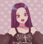  1girl aespa black_dress black_eyeliner black_sleeves brown_eyes commentary dress eyelashes eyeliner eyeshadow hashtag-only_commentary heart k-pop karina_(aespa) long_hair makeup mole open_mouth purple_hair real_life solo symbol-only_commentary twitter_username upper_body yes_kuravanilla 