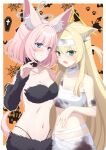  2girls alternate_costume animal_ear_fluff animal_ears bandaged_arm bandaged_head bandaged_neck bandaged_torso bandages bare_shoulders black_fur blonde_hair blue_archive blue_eyes blue_halo blunt_bangs blush border breasts cleavage closed_mouth collarbone commentary_request cowboy_shot detached_sleeves eko eyes_visible_through_hair fang fox_ears fox_girl fox_tail fur_bra fur_skirt green_eyes green_halo hair_between_eyes half_updo halloween halloween_costume halo hand_up kurumi_(blue_archive) long_hair looking_at_viewer medium_breasts medium_hair multiple_girls mummy_costume navel niko_(blue_archive) one_side_up open_mouth orange_background outline outside_border paid_reward_available sidelocks simple_background skin_fang small_breasts smile stomach straight_hair tail very_long_hair werewolf_costume white_border white_outline 