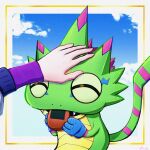 anthro areia_vt bandai_namco cracker digimon digimon_(species) digimon_beatbreak duo eating eyes_closed food gekkomon green_body hand_on_head hi_res human male mammal petting scalie senbei smile tomoro_tenma