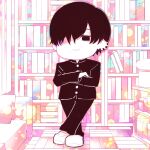  1boy book bookshelf chainsaw_man chibi chibi_only couch crossed_arms deer60868637 fourth_east_high_school_uniform gakuran hair_over_one_eye male_focus monochrome school_uniform short_hair solo yoshida_hirofumi 