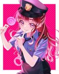 1girl absurdres black_necktie blue_shirt border breast_pocket candy collared_shirt cowboy_shot cuffs finger_to_mouth food handcuffs hat highres holding holding_candy holding_food holding_lollipop lollipop long_hair looking_at_viewer multicolored_hair necktie nijisanji peaked_cap pink_background pocket police police_hat police_uniform policewoman polka_dot polka_dot_background purple_eyes red_hair roarroa saotome_berry screentones shirt short_sleeves shushing side_part smile solo streaked_hair virtual_youtuber wavy_hair white_border 