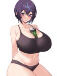  1girl bangs blue_eyes blue_hair blush breasts character_request collarbone energy_drink highres huge_breasts kuavera looking_at_viewer mole mole_under_mouth navel original panties parted_lips purple_eyes short_hair solo sports_bra thighs underwear white_background 