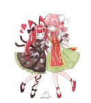  2girls animal_ear_fluff animal_ears arm_hug bandaged_arm bandages black_bow black_dress black_shoes blush bow braid bun_cover cat_ears cat_tail closed_eyes cuffs double_bun dress fang flower flying_sweatdrops full_body green_skirt hair_bow hair_bun heart ibaraki_kasen kaenbyou_rin long_hair long_sleeves mueonga21 multiple_girls multiple_tails nekomata open_mouth pink_eyes pink_flower pink_hair pink_rose red_hair red_shoes red_tabard rose shackles shirt shoes short_sleeves skin_fang skirt smile tabard tail touhou twitter_username two_tails white_shirt 