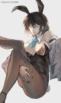 1girl :d absurdres animal_ear_hairband animal_ears armlet black_hair black_nails blue_necktie bob_cut breasts character_request check_character cleavage collar fake_animal_ears feet_out_of_frame fishnet_leggings hairband hand_on_own_leg highres jacket jet_(shadow_slave) jewelry knee_up logicsterrr necktie playboy_bunny rabbit_ear_hairband rabbit_ears rabbit_tail shadow_slave short_hair sidelighting sitting smile solo tail twisted_torso white_eyes white_jacket 
