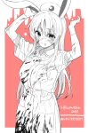  1girl animal_ears arms_up blood blood_on_clothes blood_on_face blood_on_hands commentary_request dress hair_between_eyes halloween halloween_costume hat highres long_hair meimei_(meimei89008309) monochrome nurse nurse_cap partially_colored rabbit_ears rabbit_girl reisen_udongein_inaba short_sleeves smile solo touhou twitter_username 