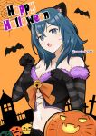  1girl :o alternate_costume animal_ears bare_shoulders bell black_gloves black_shorts black_vest blue_eyes blue_hair bow breasts cat_ears cleavage collarbone commentary_request cowboy_shot crop_top cropped_vest elbow_gloves facial_mark fang female_byleth_(fire_emblem) fire_emblem fire_emblem:_three_houses gloves hair_between_eyes halloween halloween_costume happy_halloween jack-o&#039;-lantern komurice large_breasts long_hair looking_at_viewer midriff navel open_mouth orange_background orange_bow paw_pose shorts sidelocks simple_bat solo standing striped_clothes striped_gloves twitter_username vest whisker_markings 