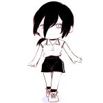  1girl chainsaw_man chibi chibi_only closed_mouth deer60868637 full_body hair_between_eyes looking_at_viewer monochrome polo_shirt reze_(chainsaw_man) shirt_tucked_in shorts smile solo 