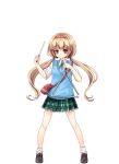  1girl ahoge ankle_socks bag blonde_hair blue_cardigan bow bowtie brown_shoes cardigan full_body girlfriend_(kari) green_bow green_bowtie green_ribbon holding holding_instrument instrument legs loafers neck_ribbon nishino_ayane official_art plaid_clothes plaid_skirt pleated_skirt qp:flapper red_eyes ribbon school_uniform shoes shoulder_bag skirt socks solo thighs transparent_background triangle white_socks 