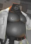  2022 absurd_res anthro belly ben_(zenless_zone_zero) big_belly biped black_body black_nose bottomwear clothed clothing earthist hi_res male mammal mihoyo musclegut nipples open_clothing open_shirt open_topwear overweight overweight_male pants scar shirt solo topwear ursid zenless_zone_zero 
