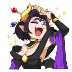  bare_shoulders black_hair black_wings breasts chibi cleavage closed_eyes dclaret demon_girl demon_horns demon_wings detached_sleeves digimon digimon_(creature) eyeshadow facial_mark forehead_mark horns large_breasts lilithmon makeup purple_eyeshadow purple_sleeves simple_background solo sparkle transparent_background wings 