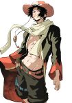  1boy abs belt belt_buckle black_hair black_shorts blush buckle c_a_k_e feet_out_of_frame freckles grin hat highres long_sleeves male_focus navel one_piece open_clothes open_shirt orange_hat parted_bangs parted_lips pectorals portgas_d._ace scarf short_hair shorts smile solo stomach white_background white_scarf 