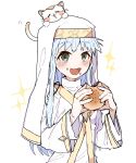  1girl :d adchan4649 animal animal_on_head blush cat cat_on_head crumbs dress drooling eating food food_on_face green_eyes grey_hair highres holding holding_food index_(toaru_majutsu_no_index) long_hair long_sleeves looking_at_viewer nun on_head open_mouth robe safety_pin smile solo sparkle toaru_majutsu_no_index upper_body white_background white_dress white_robe 