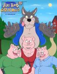 anthro beard big_bad_wolf blue_clothing blue_topwear blue_vest body_hair brother_(lore) brothers_(lore) canid canine canis chest_hair clothed clothed_anthro clothed_male clothing collared_shirt cover cover_art cover_page domestic_pig dress_shirt english_text eyewear facial_hair fairy_tales fangs fully_clothed fully_clothed_anthro fully_clothed_male fur glasses green_clothing green_shirt green_topwear grey_body grey_fur group hairy hairy_face hi_res huttsergreywolf long_snout male mammal overweight overweight_anthro overweight_male pink_body red_clothing red_shirt red_tank_top red_topwear shirt sibling_(lore) snout suid suine sus_(pig) tank_top teeth text the_three_little_pigs tongue tongue_out topwear vest wolf