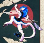  abstract_background anthro digitigrade halberd male masvino melee_weapon nude polearm sergal solo weapon 